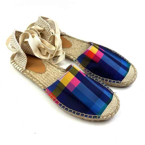New J. Crew Navy Madras Plaid Lace Up D’Orsay Preppy Espadrille Sandals size 7.5 - Picture 2 of 7
